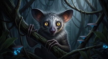 Fototapeta premium Mysterious Aye-Aye Primate Perched on Forest Branch