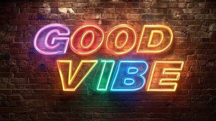Obraz premium Neon sign with the words 'Good Vibe' in bright and vibrant colors on a brick wall.