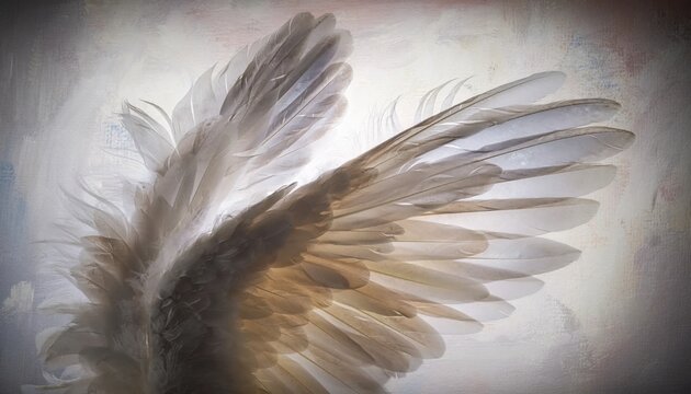 Ethereal Angelic Wings Feather Detail, Soft Light and Textured Background, Representing Purity and Grace.