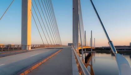 Fototapeta premium Modern Cable-Stayed Bridge at Dawn, Reflecting Golden Light on Calm Water, Symbolizing Urban Connection