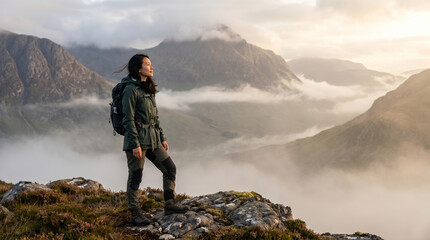 Fototapeta premium Asian woman hiker with backpack, standing on rocky mountain peak, looking at view with fog in valley, highland wilderness, adventure photography