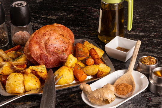 Honey Roasted Gammon with Ginger Ready to Serve with Roasted Vegetables and Sides
