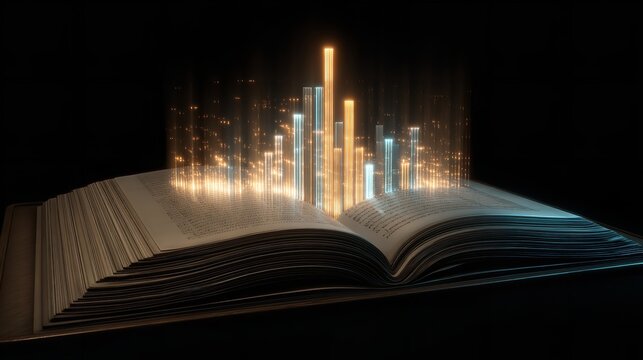Open book with glowing data bars suggesting knowledge, learning, and business data analysis