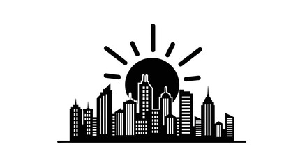 Fototapeta premium Black and White City Skyline with Sunburst Background