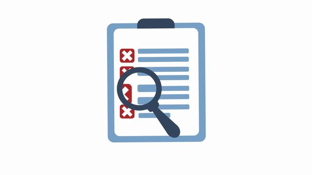Clipboard Checklist with Magnifying Glass and Red X Marks Animation