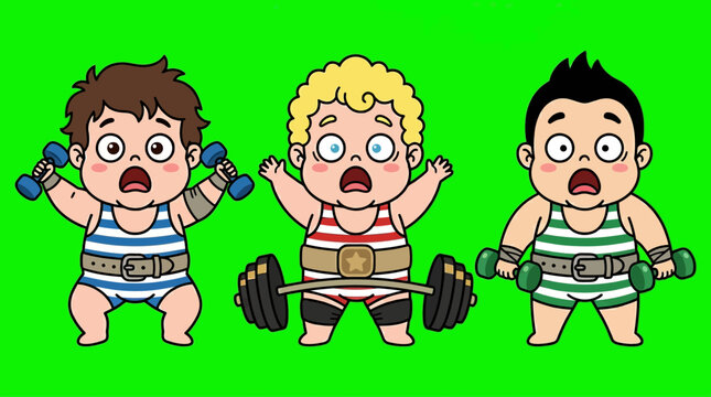 Cartoon Babies Lifting Weights in a Gym, Fitness and Exercise Concept.