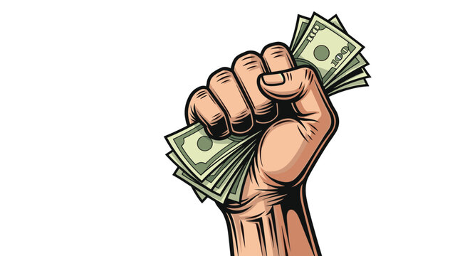 Raised human fist clutching a wad of cash, symbolizing wealth, financial power, or protest against economic inequality.