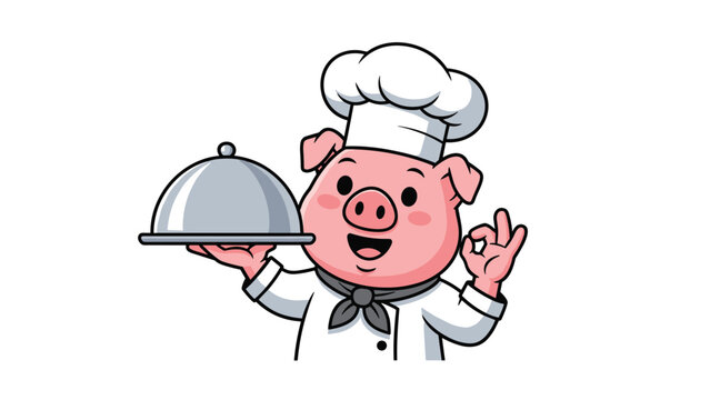 A charming and happy chef pig wearing a chef's hat, holding a serving platter, and making an "okay" hand gesture.