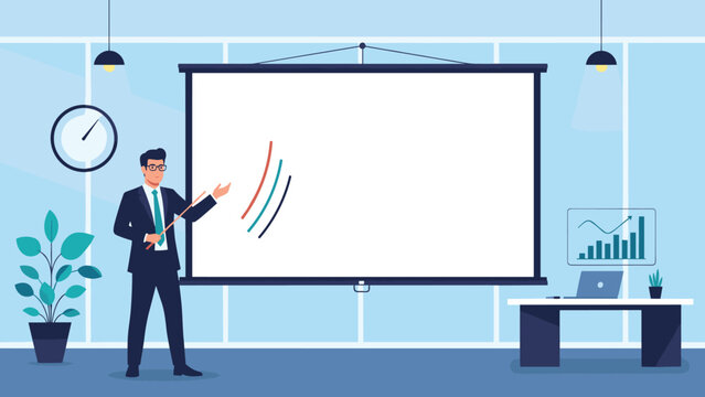 A professional businessman giving a presentation in a modern office setting, standing beside a large projector screen with charts.