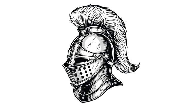 A highly detailed and imposing medieval knight helmet with an elaborate crest, rendered in a historical engraving style.