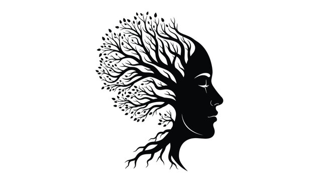A striking silhouette of a female profile with a detailed tree growing out of her head, symbolizing the connection between nature and mind.