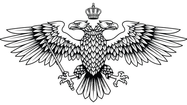 A majestic double-headed eagle crest, adorned with a crown and holding a scepter, rendered in a powerful engraving style.