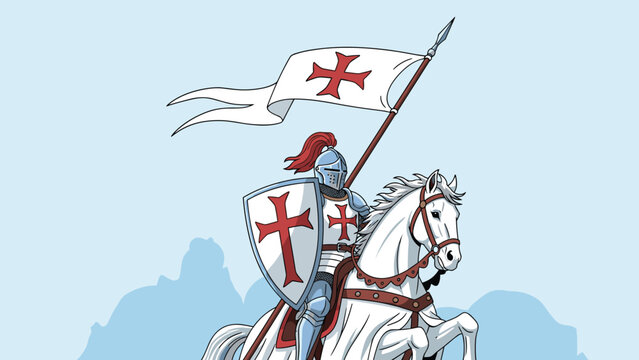 Valiant medieval knight in shining armor, riding a white horse and holding a flag with a prominent red Templar cross.