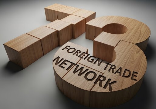 Conceptual illustration of a foreign trade network, depicted by wooden blocks forming the number 73, symbolizing global business connections and economic interdependence