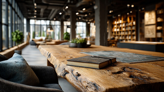 Wooden Workbench Table in Workshop Background. Empty Wood Surface for Product Display, Carpentry, DIY, Hand Tools, Garage, Industrial, Blurred Background, Rustic, Craftsmanship. For display or montage