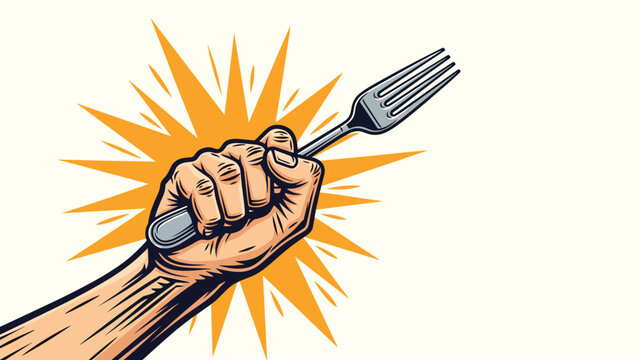Bold pop art style illustration of a hand firmly holding a metal fork, bursting with energy and dynamic comic book elements.