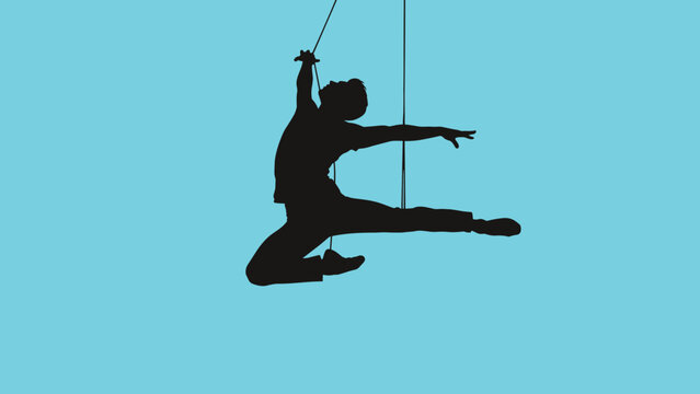 Dynamic silhouette of an aerial dancer suspended by ropes, showcasing impressive agility and acrobatic skill against a blue background.