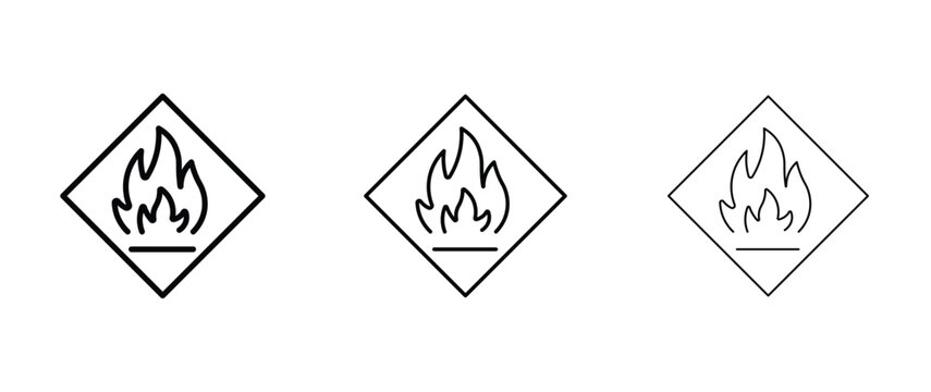 Flammable material warning icons, set of 3 fire hazard sign vectors, minimalist flame symbol in diamond frame for industrial safety labeling