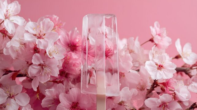 Spring Bloom Ice Pop: Cherry Blossom Petals in Transparent Pink Treat for Business and Career Development Branding, Event Refreshment, and Continuous Learning Motivation with Soft Pastel Aesthetic