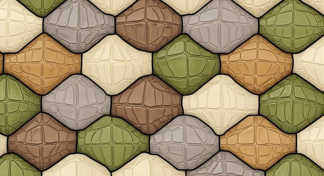 Seamless Crocodile Osteoderm Pattern, Stylized Geometric Leather Fabric Design, Tileable Top-Down Animal Texture