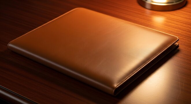 Classic elegant brown leather folio on a polished wooden desk with soft lighting