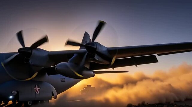 Military transport plane lands in desert kicking up dust, with vehicles nearby