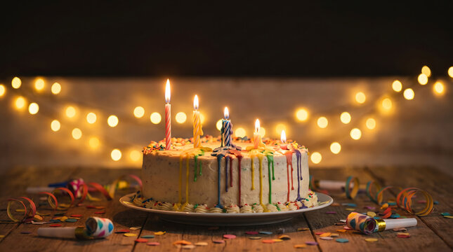 Celebration cake with lit candles and colorful decorations for advertising and news A fun moment with copy space.
