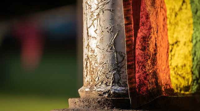 Closeup of a weathered metal pole with colorful fabric emphasizing urban lifestyle and city dynamics