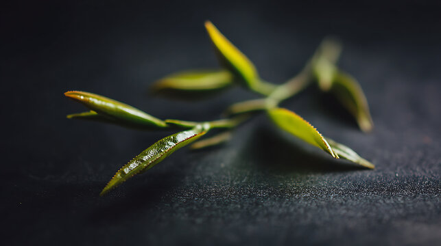 Fresh tea leaves on dark surface emphasizing precision, focus, and dedication