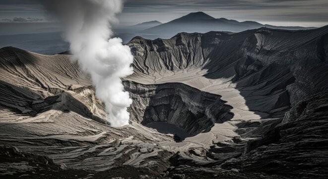 Active Volcano Emitting Smoke Over Rugged Landscape