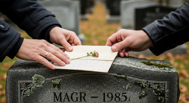 Grief Concept with People Placing a Handwritten Letter on a Grave Marker