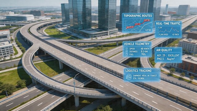 Smart city traffic management concept aerial view of complex highway interchange with augmented reality interface overlays digital dashboard displaying vehicle telemetry realtime