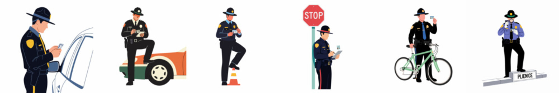 A set of flat vector illustrations featuring police officers and state troopers in various traffic law enforcement scenarios, checking licenses and writing tickets.