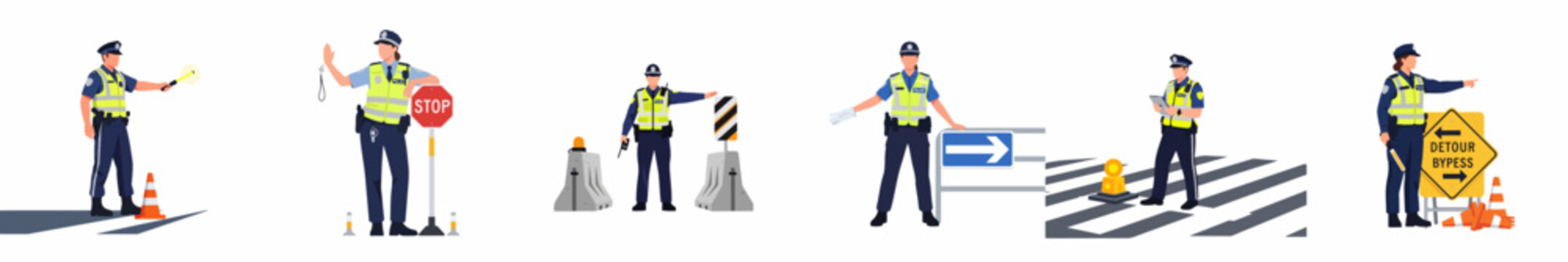 Set of flat vector illustrations featuring male and female traffic police officers regulating road traffic with stop signs, batons, and barriers.