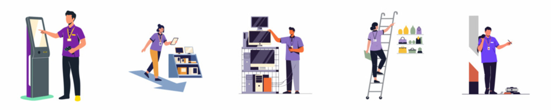 Set of retail and warehouse employees in purple uniforms performing various professional tasks like inventory management, shelf stocking, and using automated equipment.