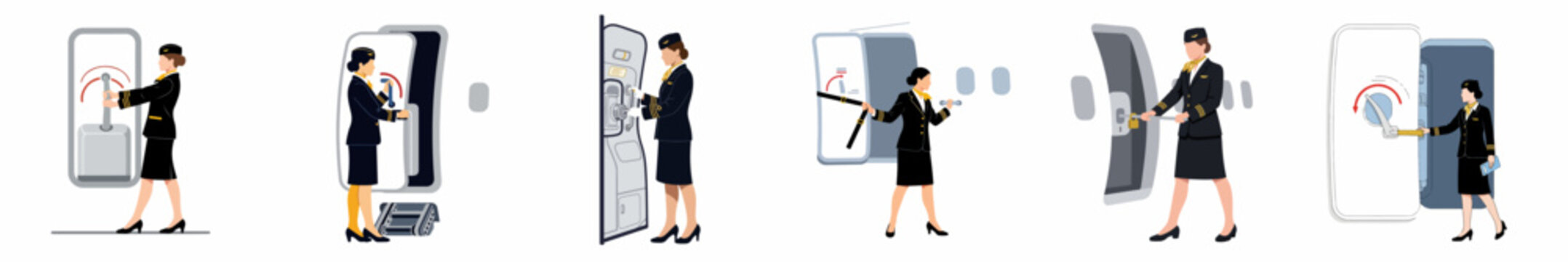 Sequence of illustrations showing a flight attendant operating an airplane door, including arming and opening procedures in professional uniform.