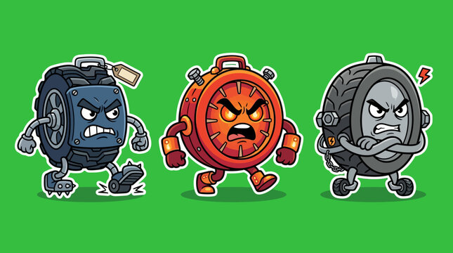 Cartoon Tire and Clock Characters Displaying Anger and Aggression.