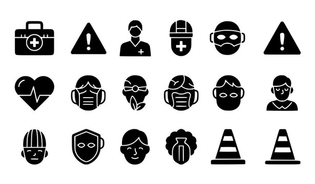 HSE Flat Glyph Icon Set First Aid Mask Danger Vector