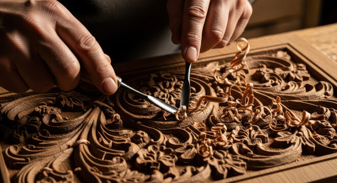 Woodcarving Artisan Shaping Intricate Floral Patterns on a Wooden Surface