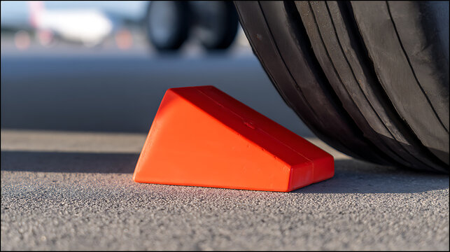 Car wheel with red chock on pavement for creative digital media and web design