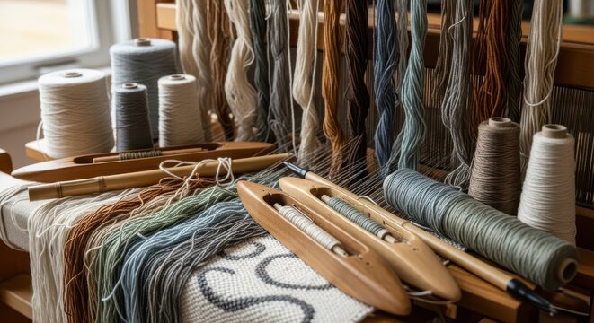Woven threads and shuttles on a loom, ready for textile creation