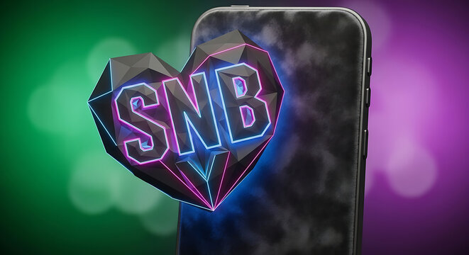 Smartphone with polygonal heart displaying "SNB" in neon outline against a blurred green and purple bokeh background