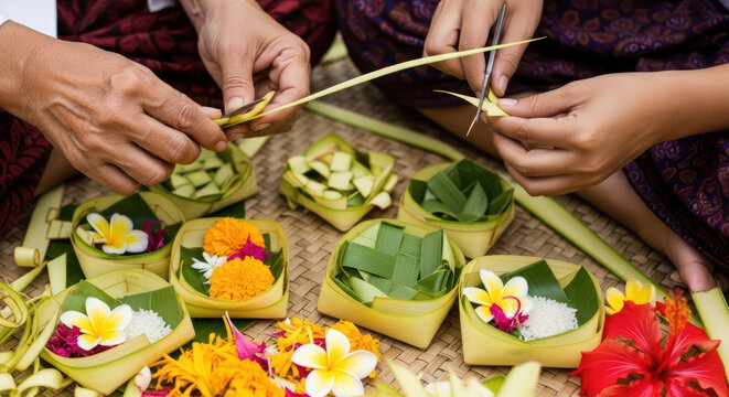 Balinese Hands Crafting Palm Leaf Offerings with Flowers