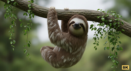 Fototapeta premium Adorable sloth hanging from a tree branch in a lush green forest, slow-moving mammal, peaceful wildlife, jungle habitat, natural environment, cute animal
