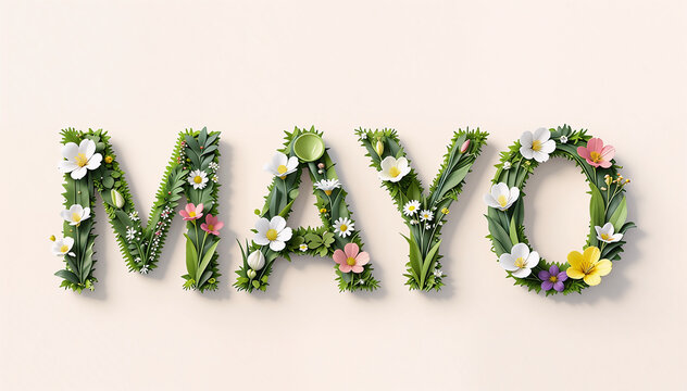 Texto de mes de Mayo hecho con ilustraci&oacute;n de plantas y flores