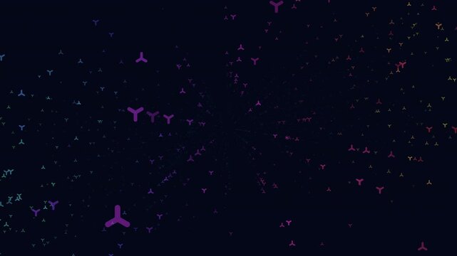 Abstract 3D antibody or protein particles drifting in dark space with colorful glow, scientific medical background for biotechnology, immunology, vaccine research visuals