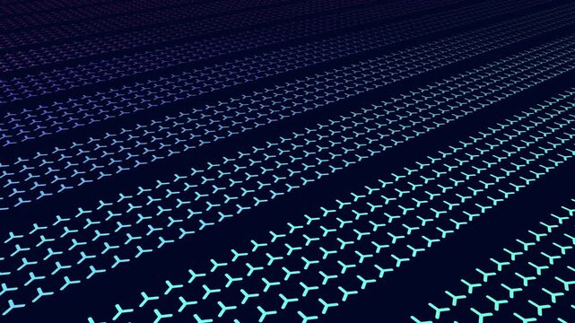 Colorful neon symbols repeat in long perspective rows on a dark surface, creating an abstract geometric background for technology, data, and modern design themes