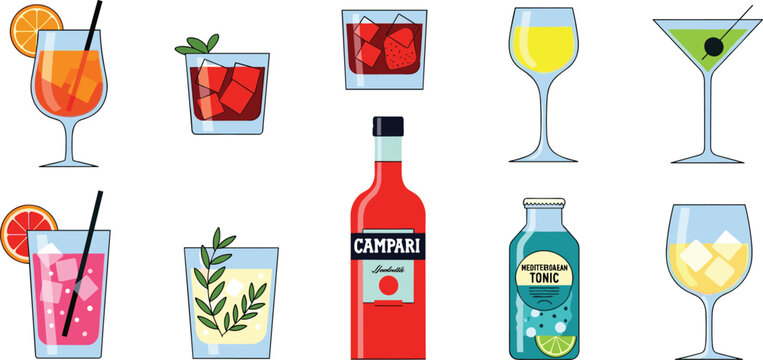 Professional Cocktail and Aperitif Vector Illustration Set Featuring Mixed Drinks, Liquor Bottle, Tonic Water, Garnished Beverages, and Bar Glassware Icons for Menu Design