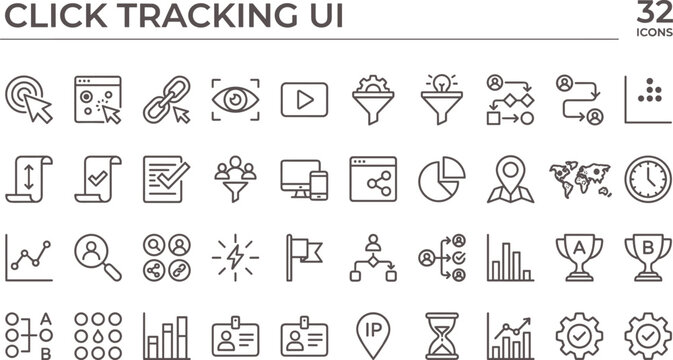 Click Tracking UI Outline Icon Set with User Interaction Analytics Monitoring Data Visualization and Performance Measurement Tools