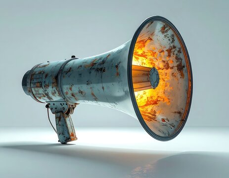 A weathered, vintage megaphone stands prominently against a stark white background, its metallic surface displaying signs of age and rust, with a warm, glowing light emanating from within.